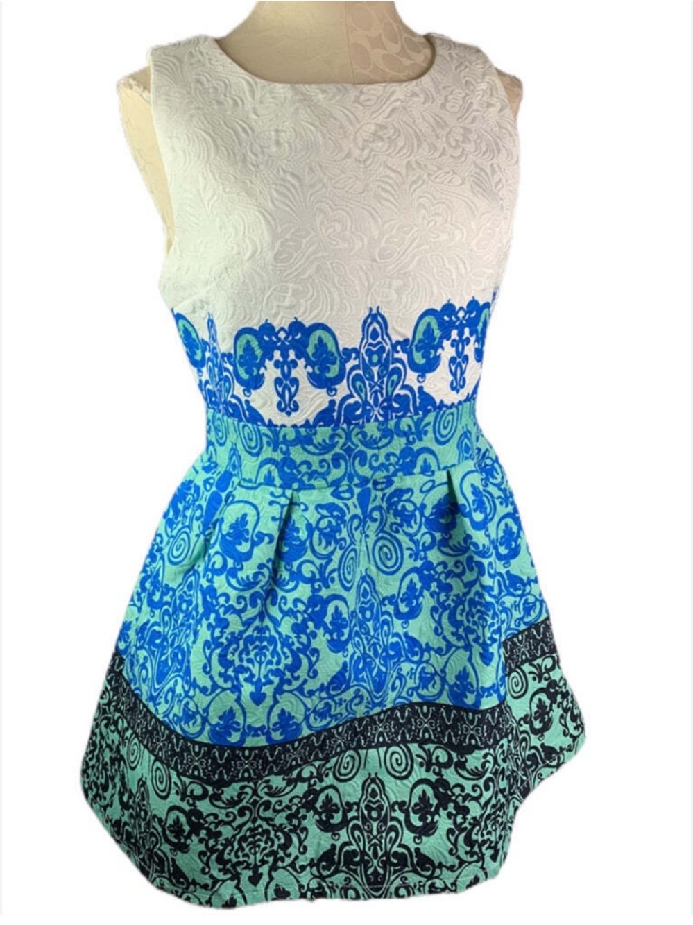 Blue & White Patterned Fit-and-Flare Dress